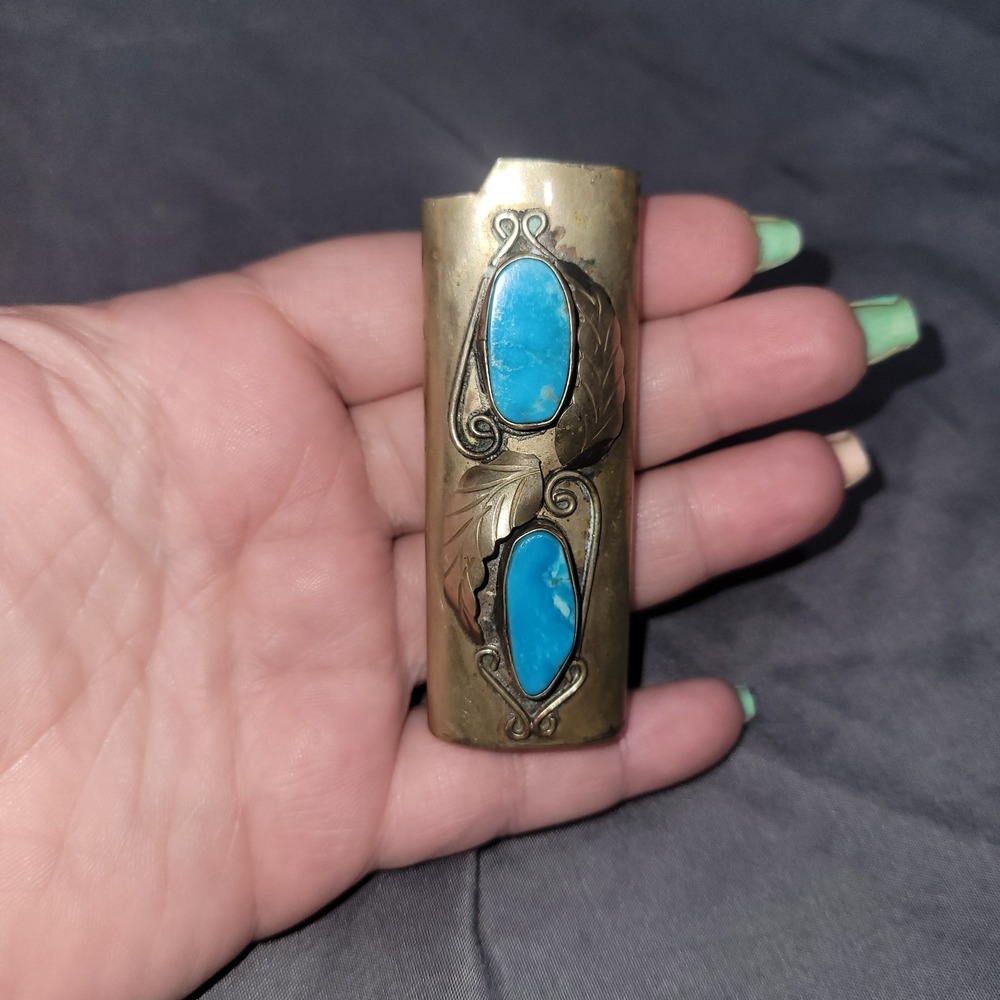 Vintage Navajo Sterling Silver Lighter Cover with Turquoise